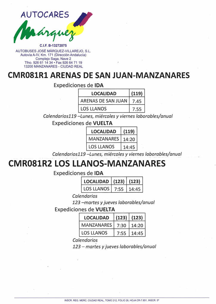 Horario de la linea regular de transporte público Llanos-Manzanares-Llanos Horario de la linea regular de transporte público Llanos-Manzanares-Llanos